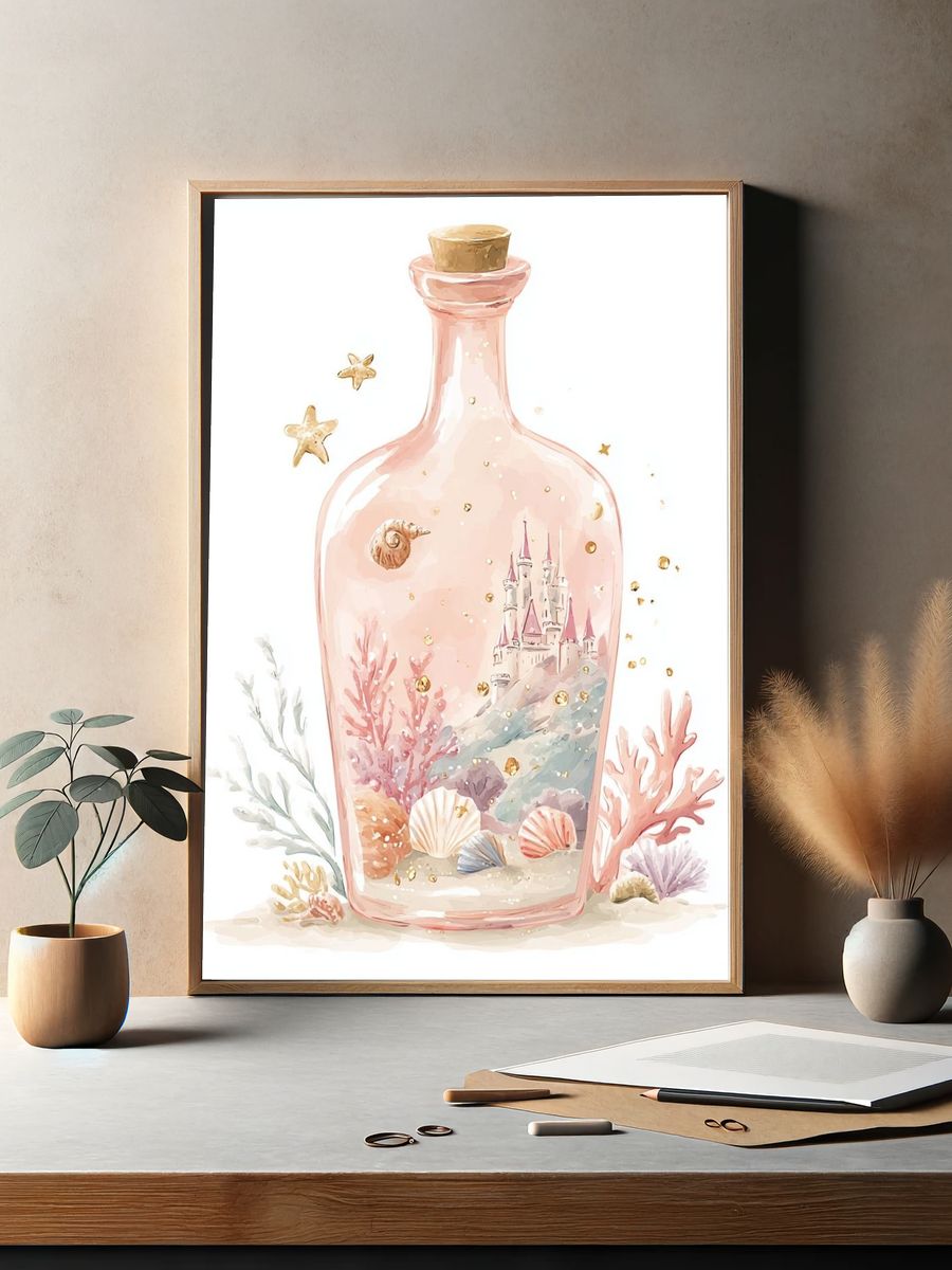 Seaside Castle in Bottle Illustration Poster. — room view 2