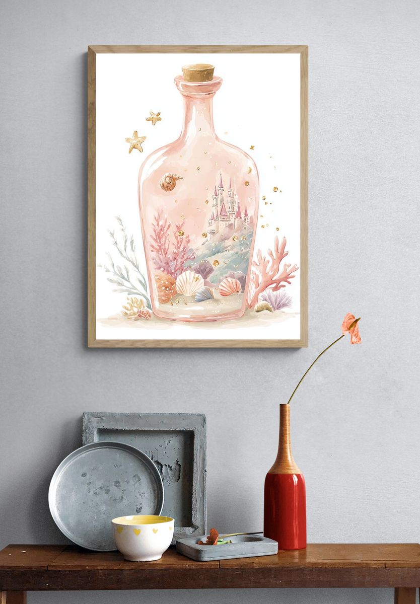 Seaside Castle in Bottle Illustration Poster. — room view 3