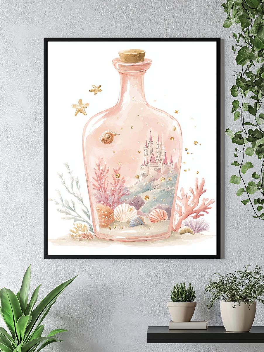 Seaside Castle in Bottle Illustration Poster. — room view 4
