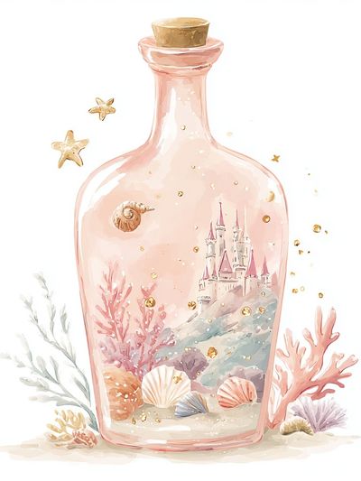 Seaside Castle in Bottle Illustration Poster. poster print