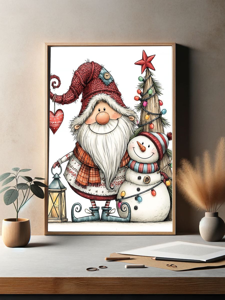 Christmas Gnome and Snowman Illustration Poster. — room view 2