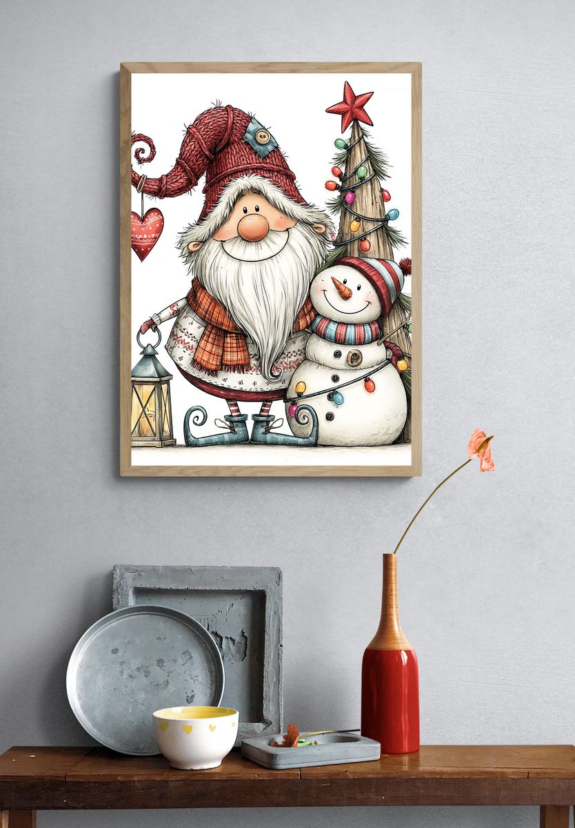 Christmas Gnome and Snowman Illustration Poster. — room view 3