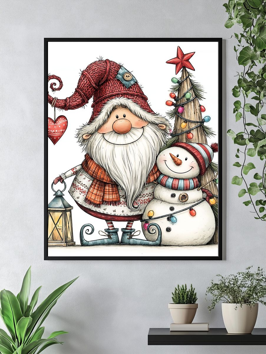 Christmas Gnome and Snowman Illustration Poster. — room view 4