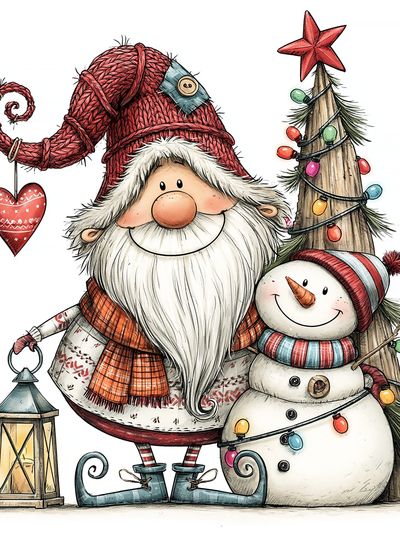 Christmas Gnome and Snowman Illustration Poster. poster print