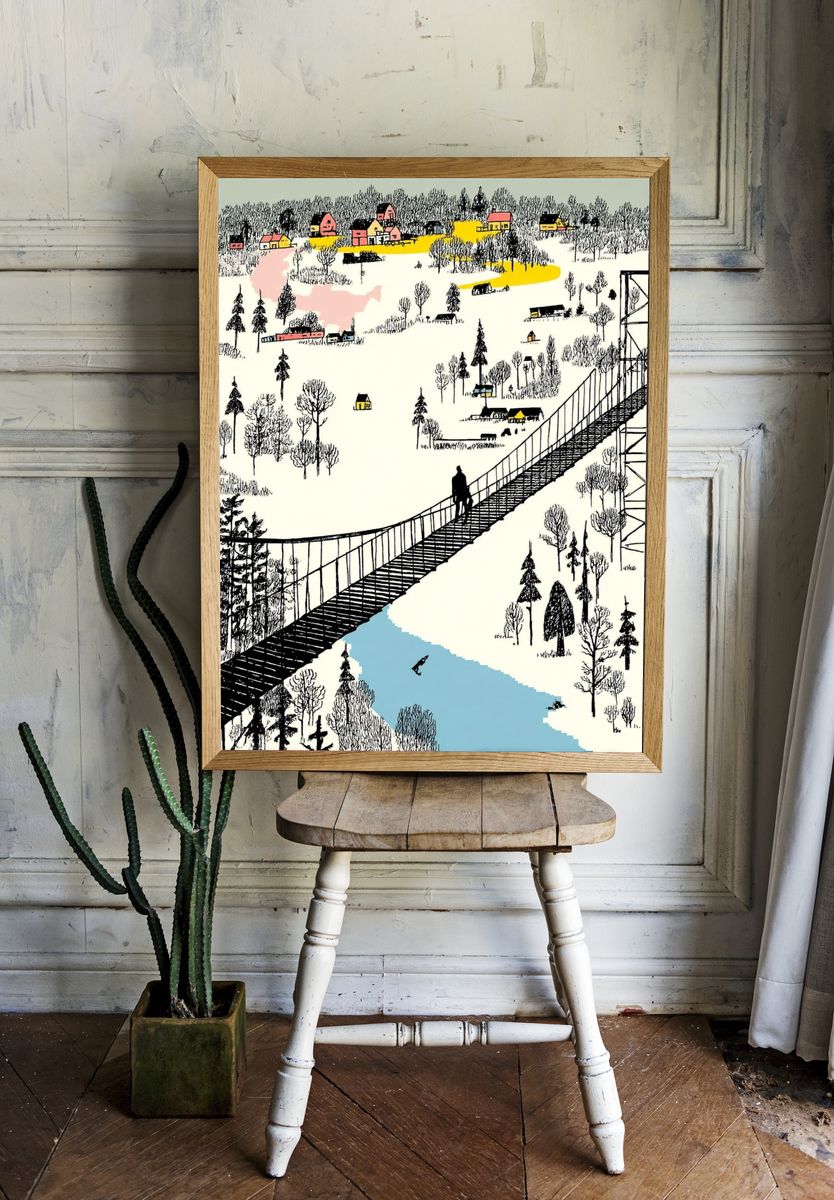 Winter Bridge Landscape Illustration Poster. — room view 1