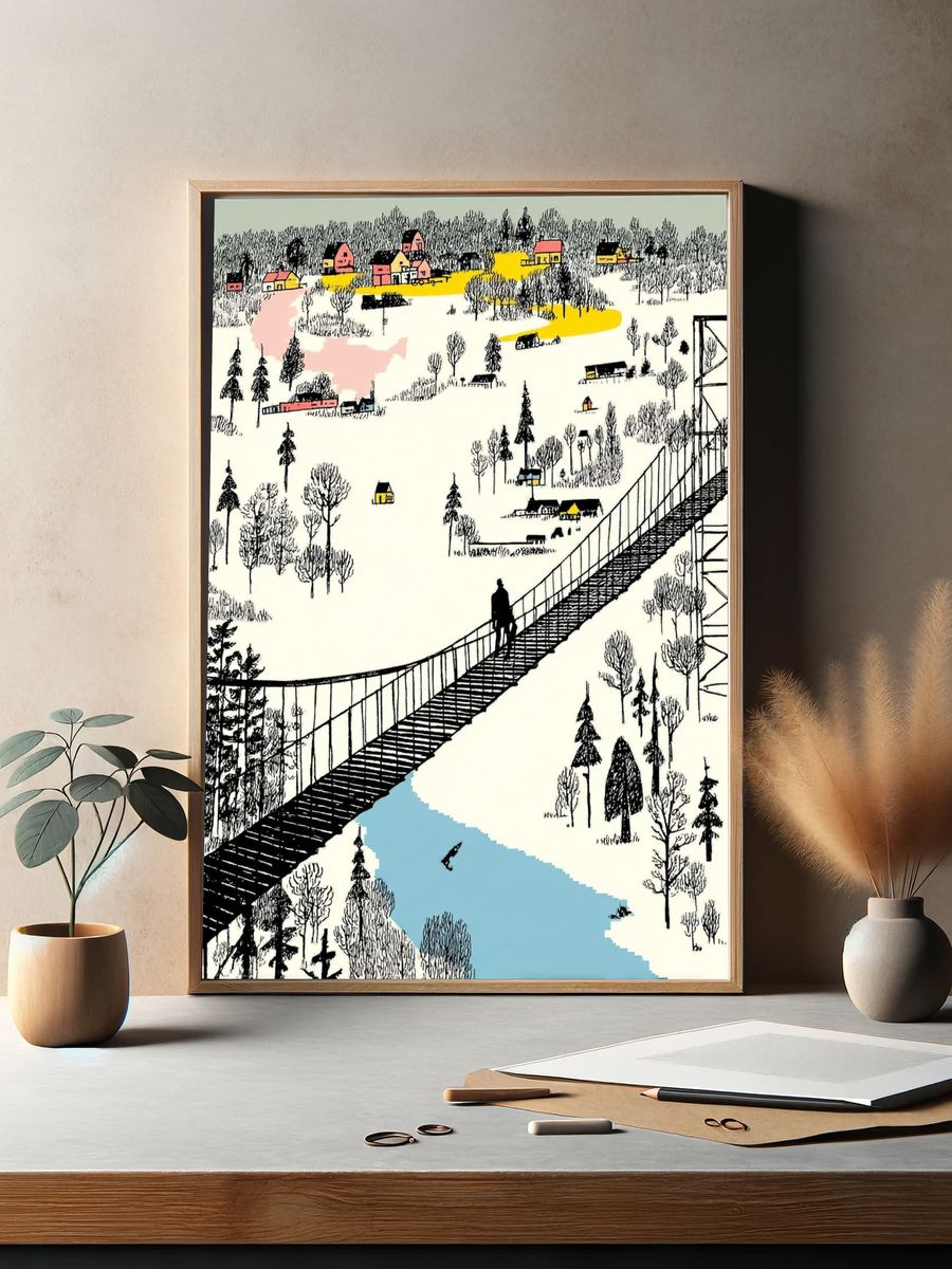 Winter Bridge Landscape Illustration Poster. — room view 2
