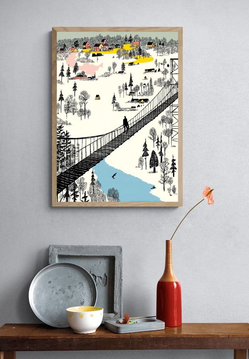 Winter Bridge Landscape Illustration Poster. — room view 3