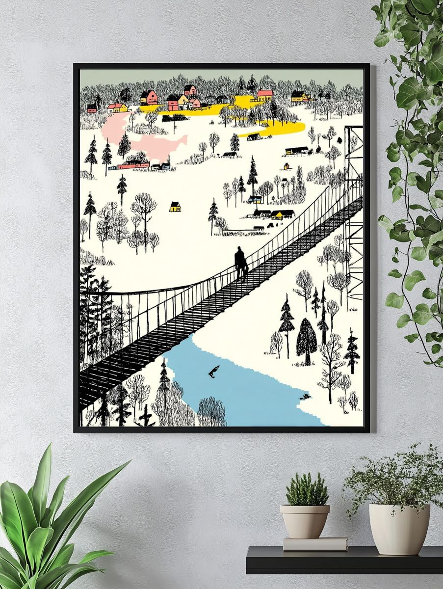 Winter Bridge Landscape Illustration Poster. — room view 4