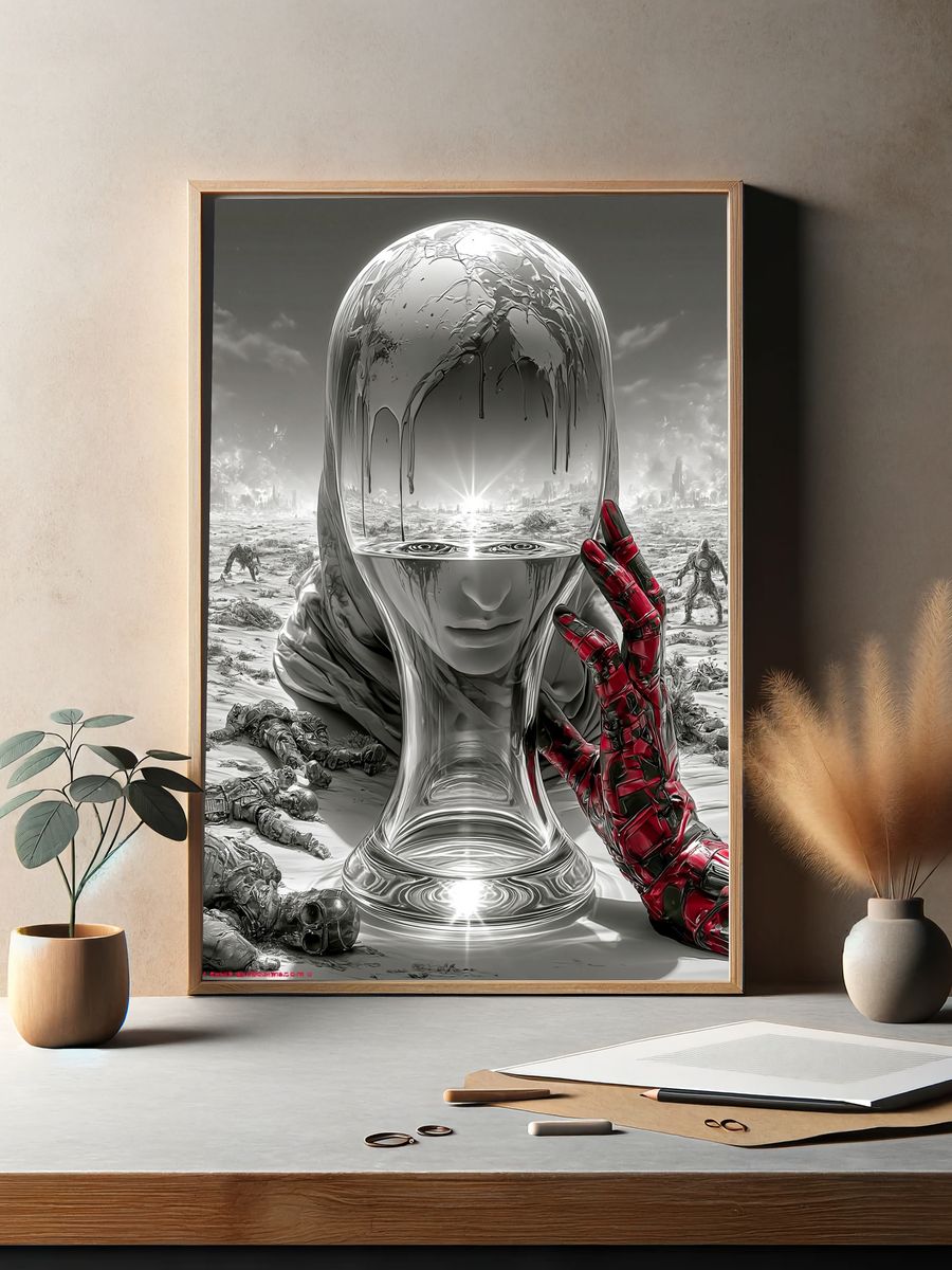 Surreal Chrome Head Sci-Fi Poster. — room view 2