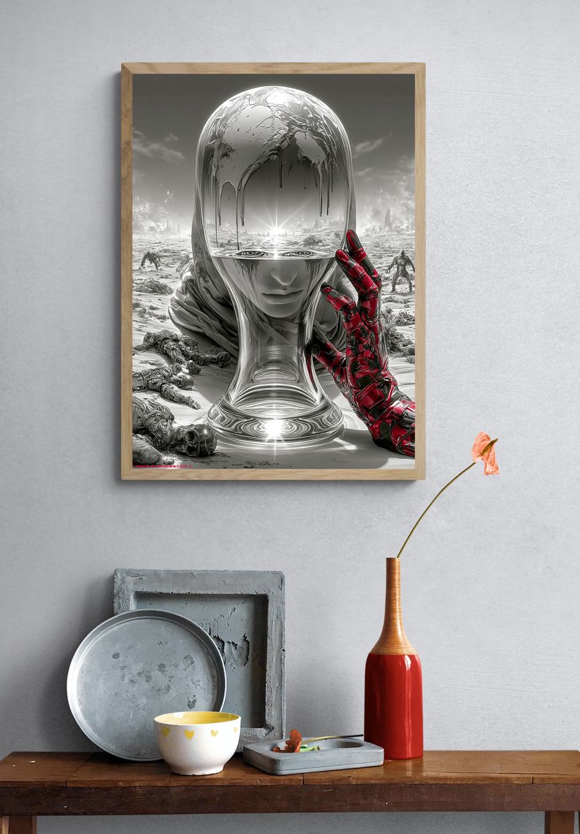 Surreal Chrome Head Sci-Fi Poster. — room view 3