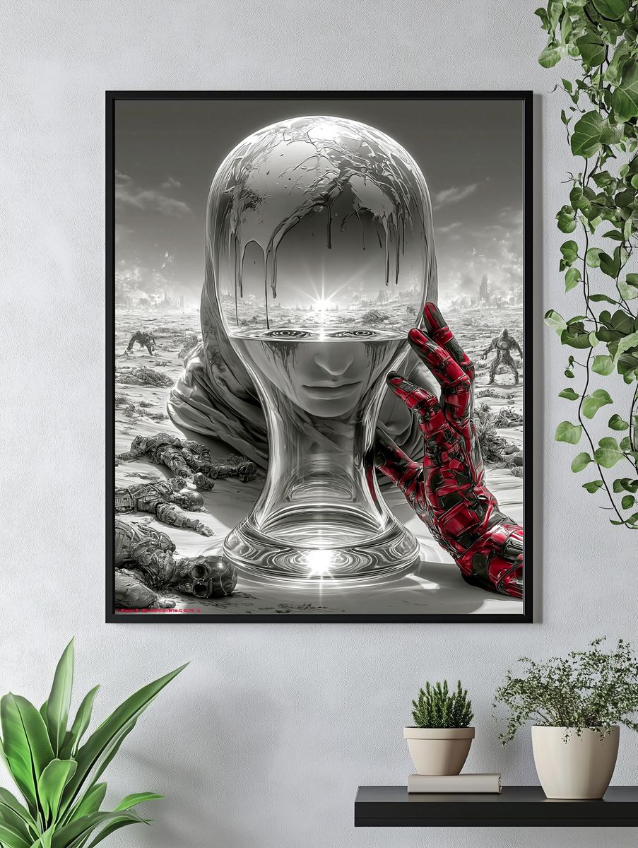 Surreal Chrome Head Sci-Fi Poster. — room view 4
