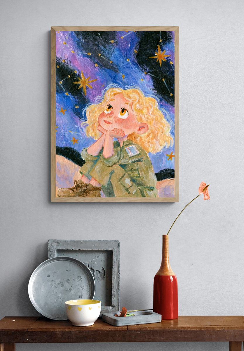 Stargazing Girl Illustration Poster. — room view 3