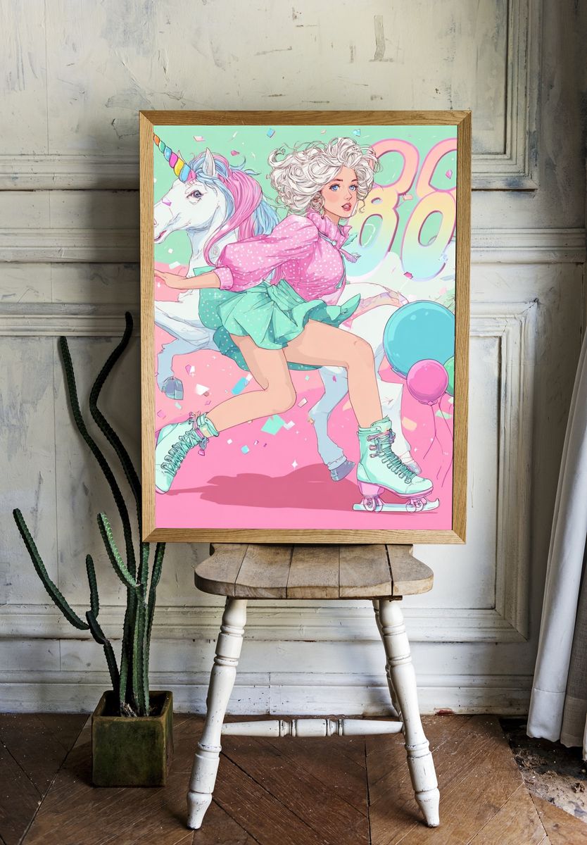 Unicorn Roller Girl Illustration Poster. — room view 1