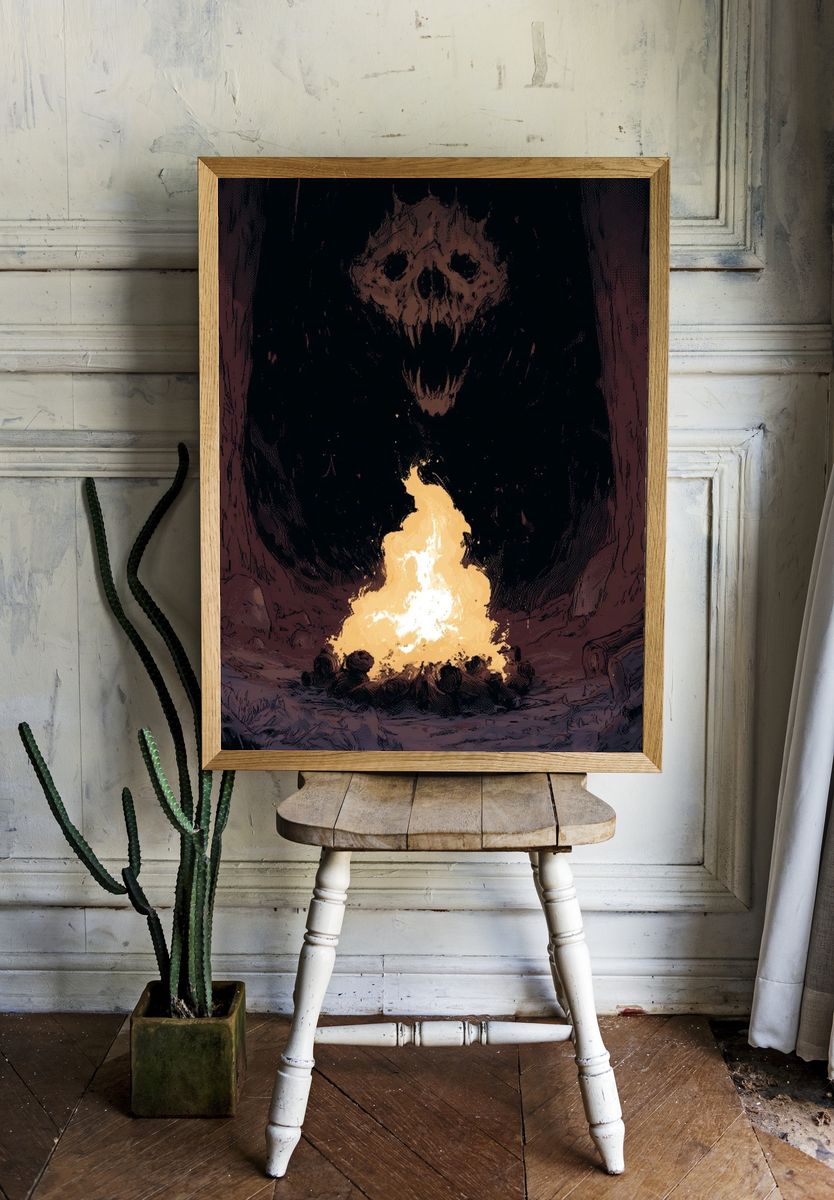 Skull Cave Fire Illustration Poster. — room view 1