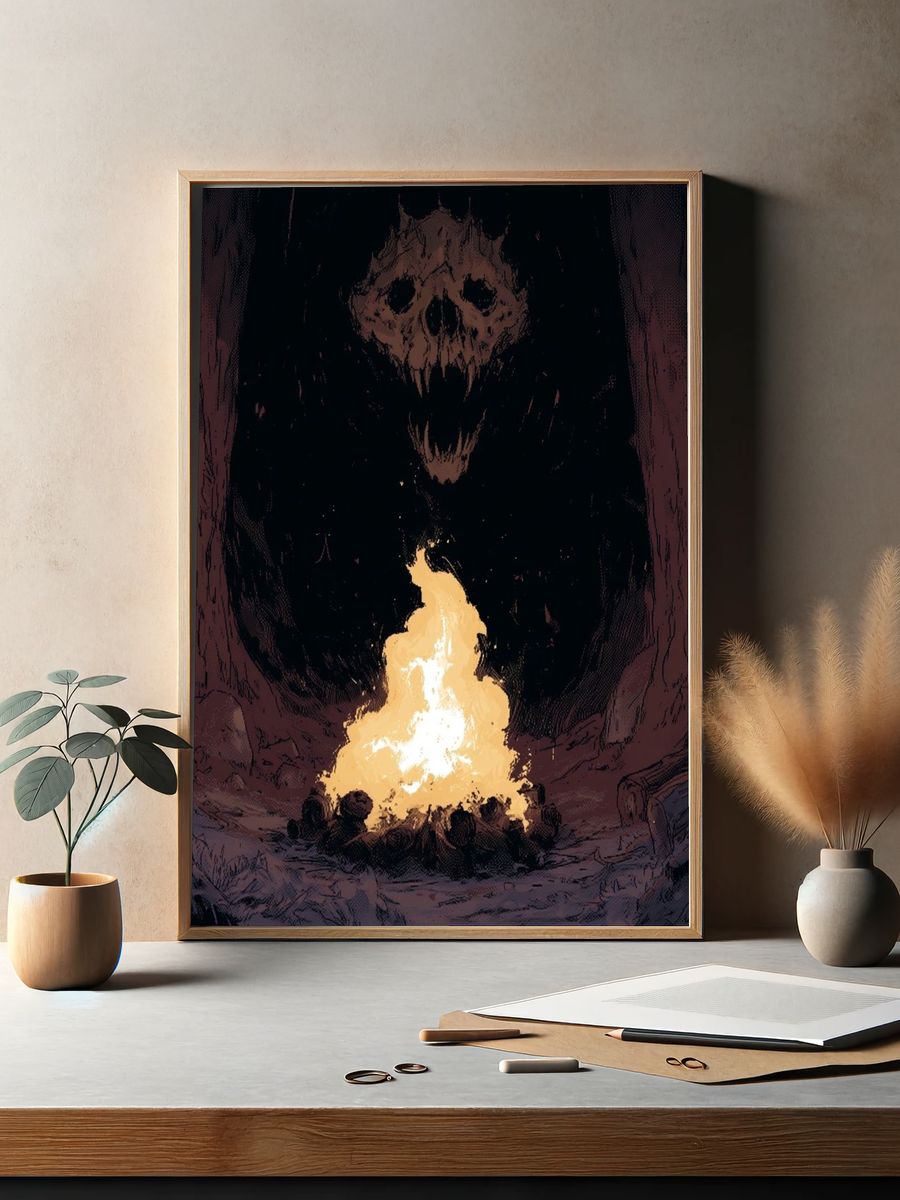 Skull Cave Fire Illustration Poster. — room view 2