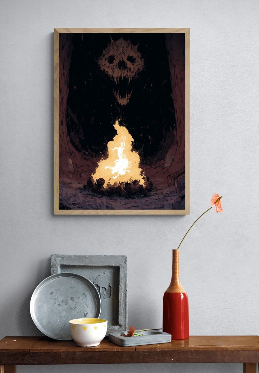 Skull Cave Fire Illustration Poster. — room view 3