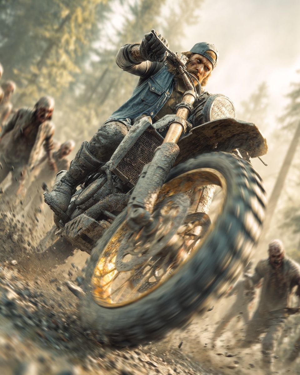 Zombie Motorcycle Chase Illustration Print. poster — illustration art