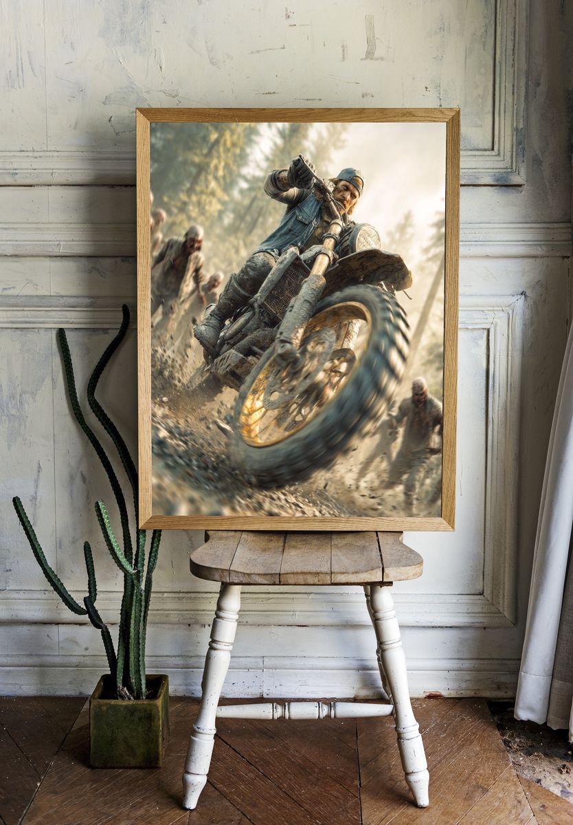 Zombie Motorcycle Chase Illustration Print. — room view 1