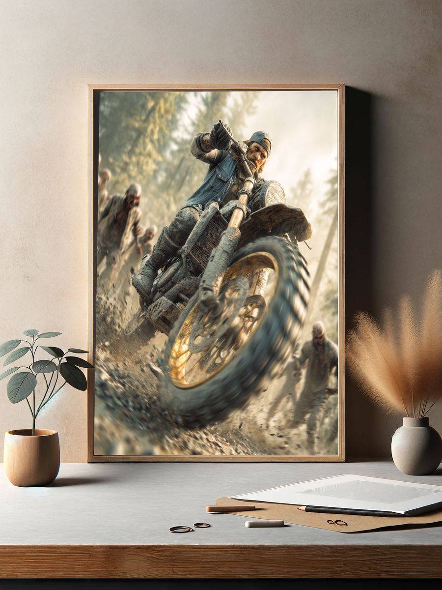 Zombie Motorcycle Chase Illustration Print. — room view 2
