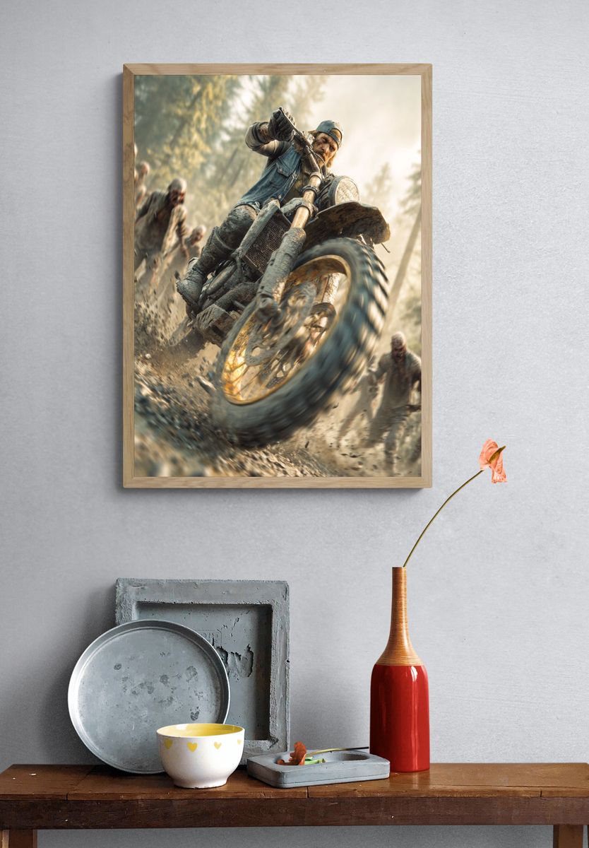 Zombie Motorcycle Chase Illustration Print. — room view 3