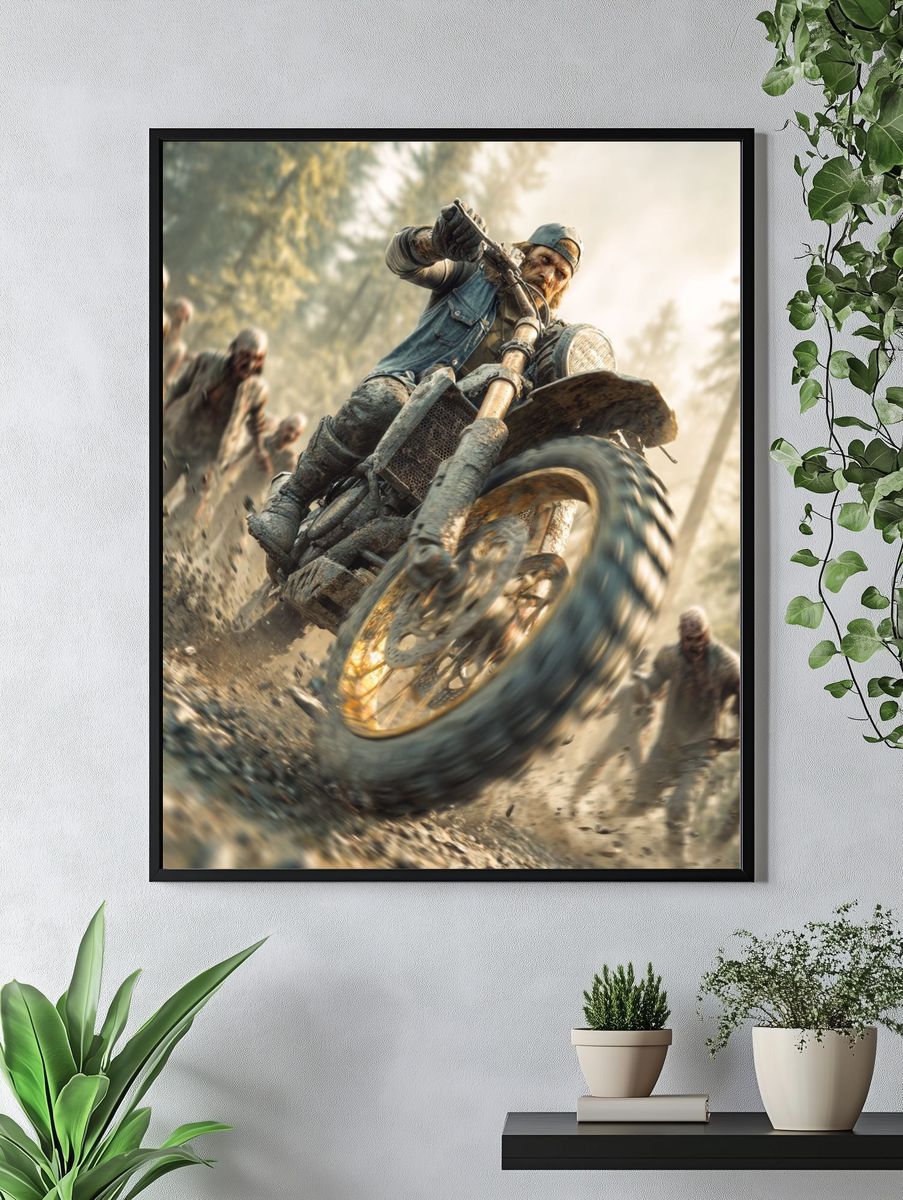 Zombie Motorcycle Chase Illustration Print. — room view 4