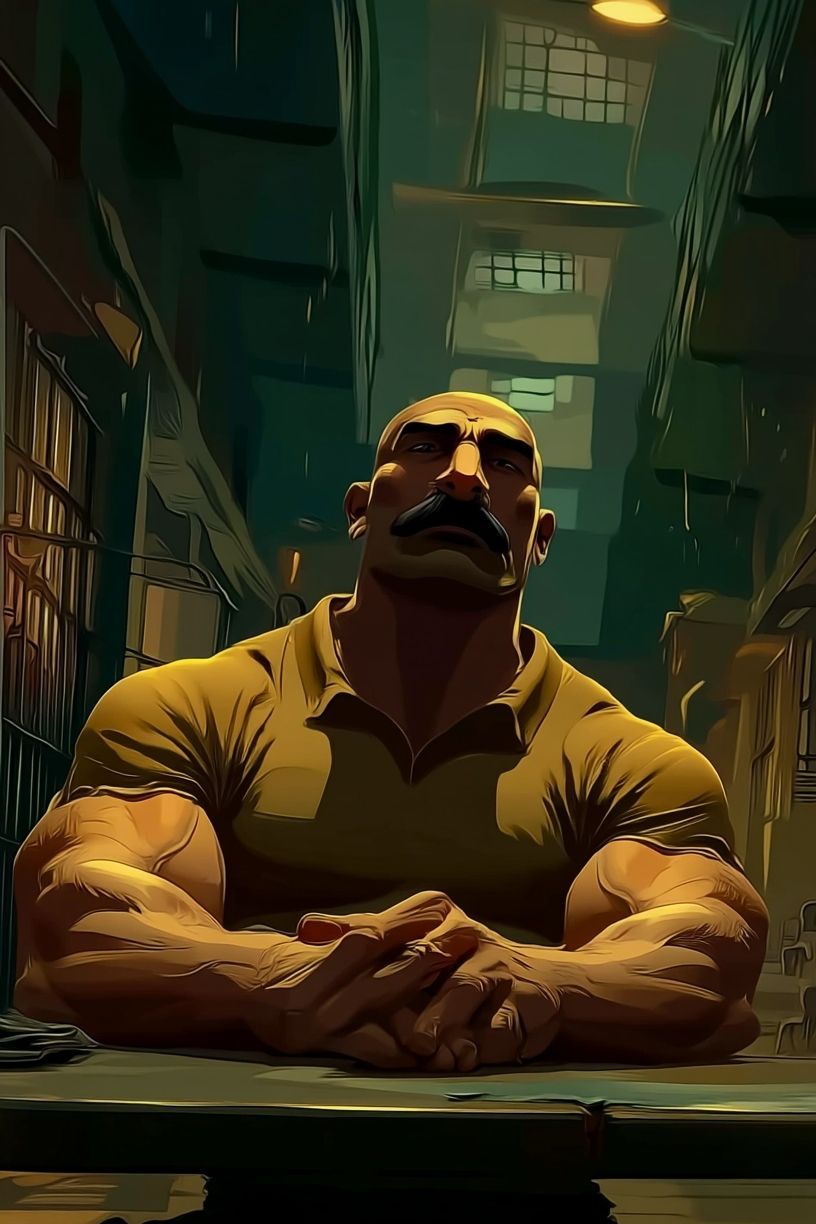 Muscular Man in Cell Block Illustration Poster. poster detail