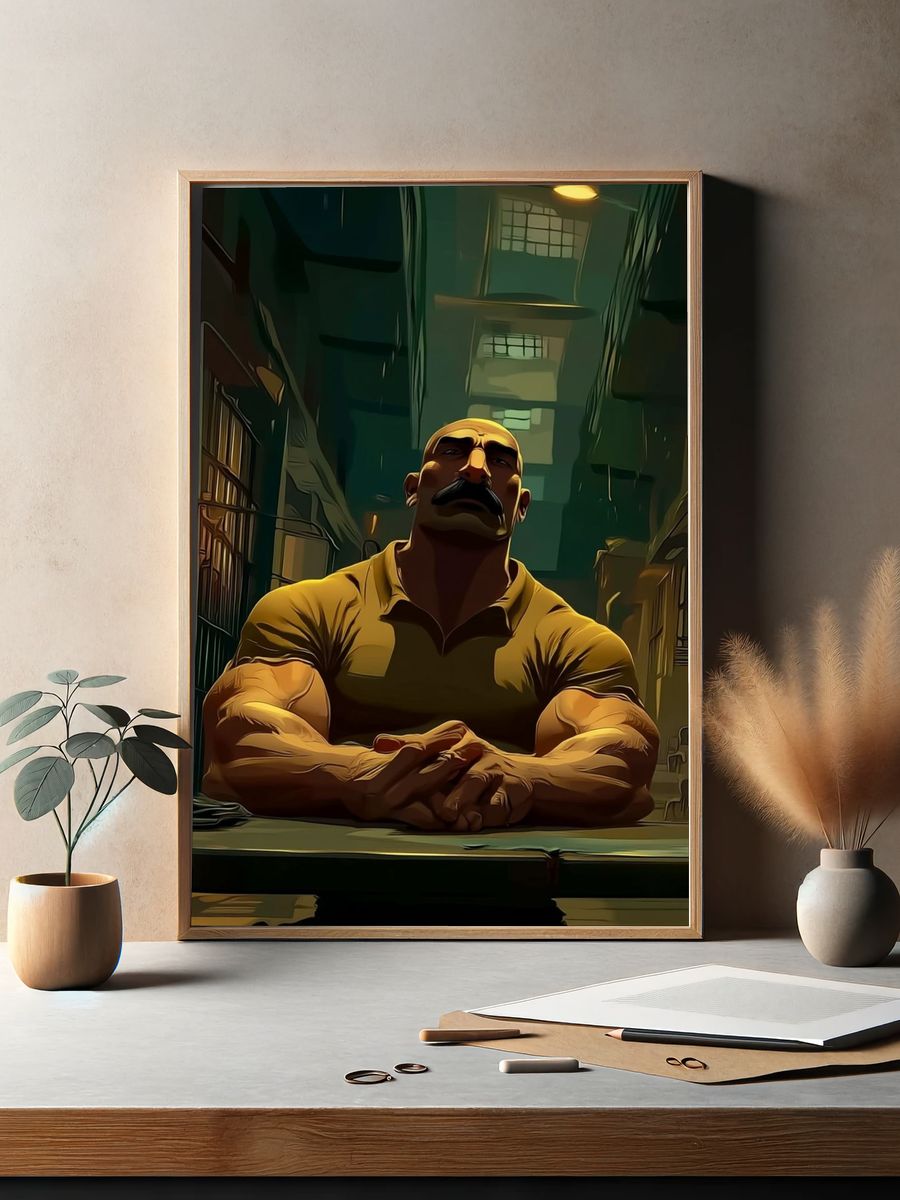 Muscular Man in Cell Block Illustration Poster. — room view 2
