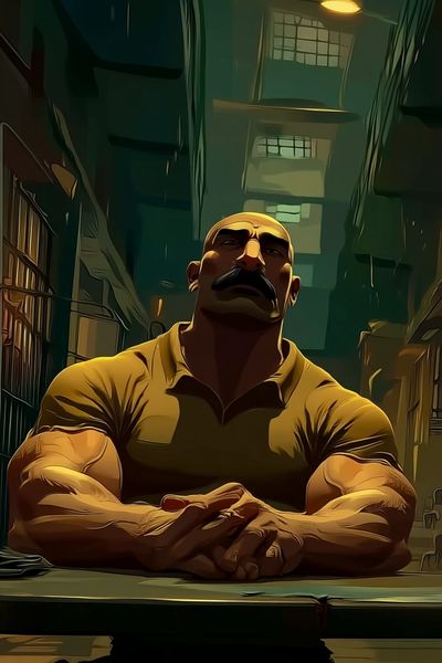 Muscular Man in Cell Block Illustration Poster. poster