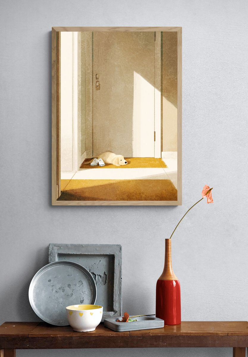 Sunlit Hallway with Sleeping Dog Print. — room view 3