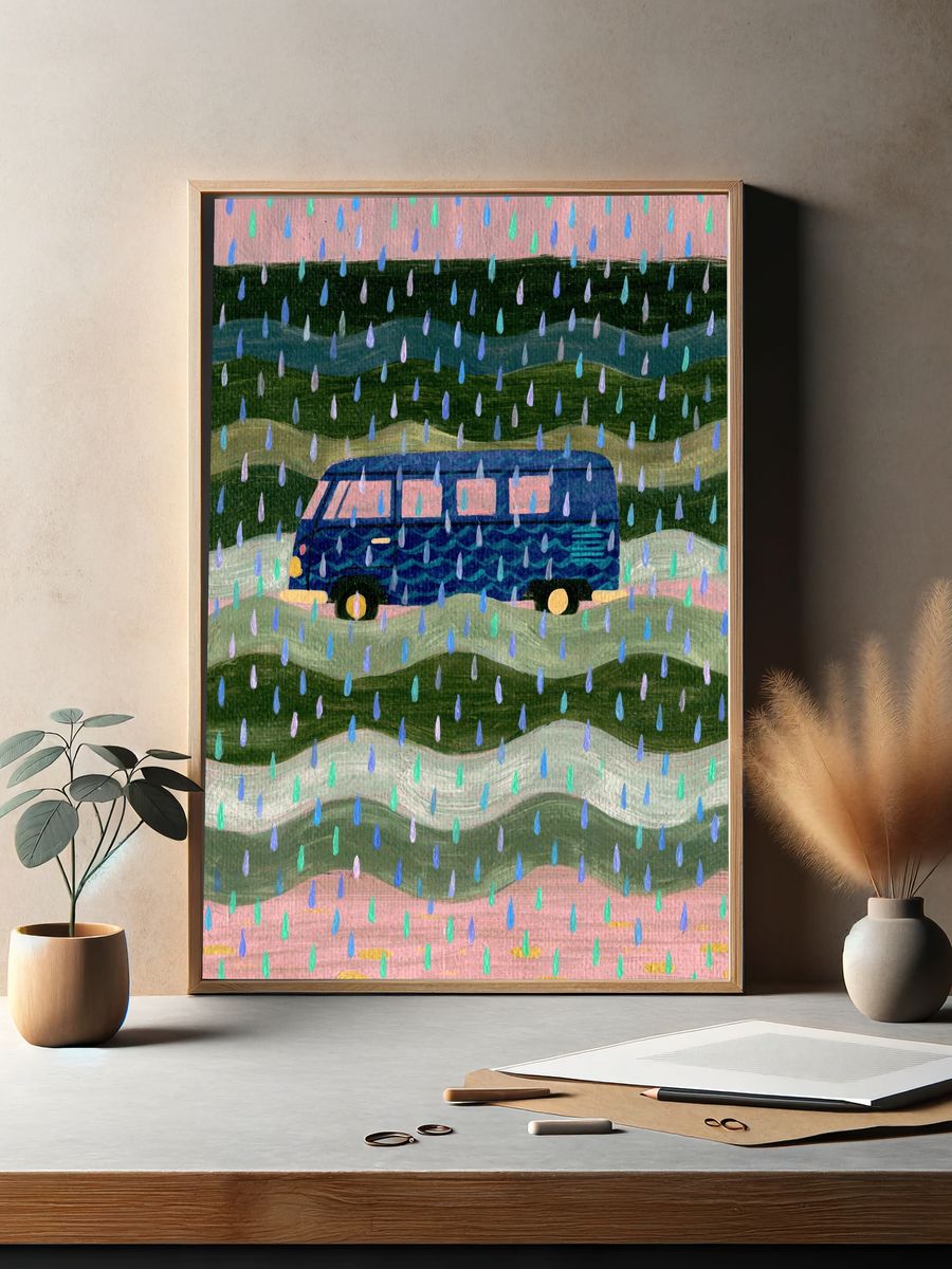 Rainy Van Landscape Illustration Poster. — room view 2