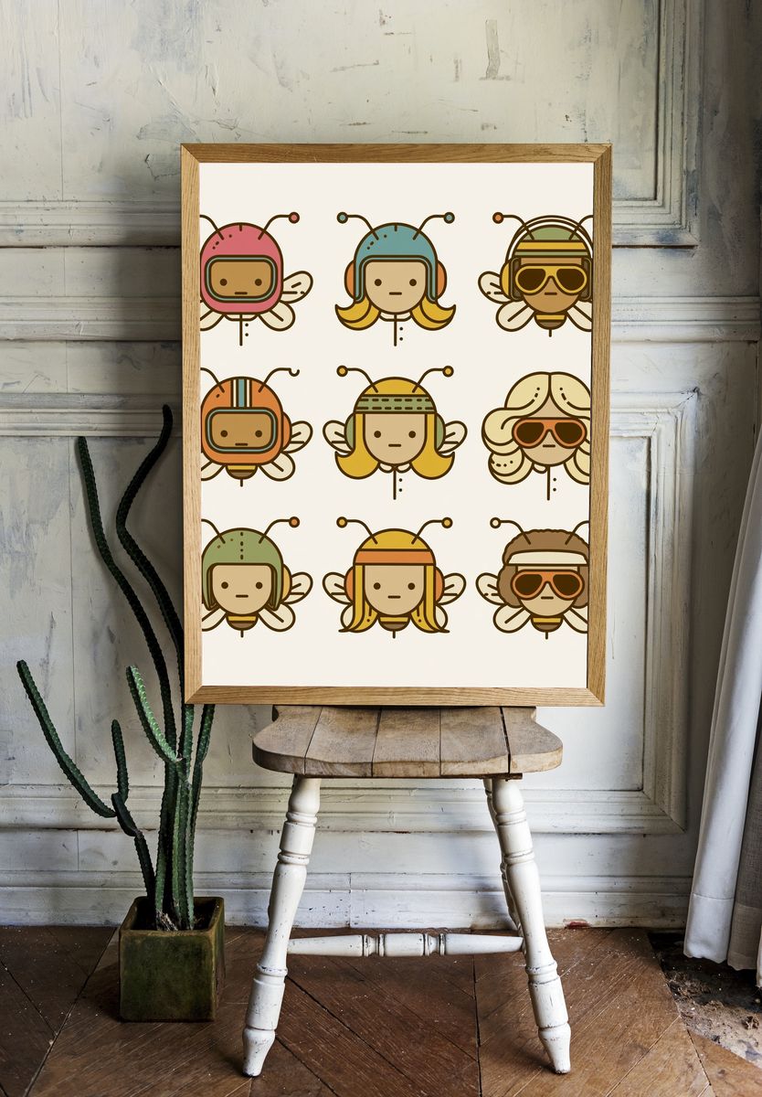 Cute Bee Characters Illustration Print. — room view 1