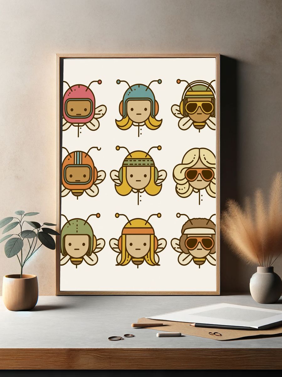 Cute Bee Characters Illustration Print. — room view 2
