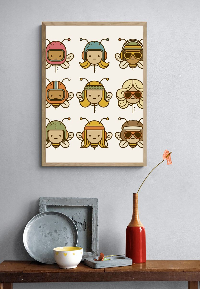 Cute Bee Characters Illustration Print. — room view 3