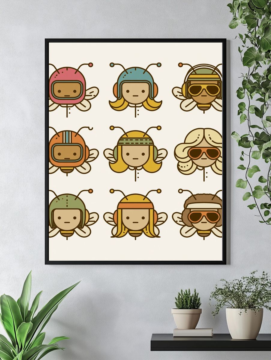 Cute Bee Characters Illustration Print. — room view 4