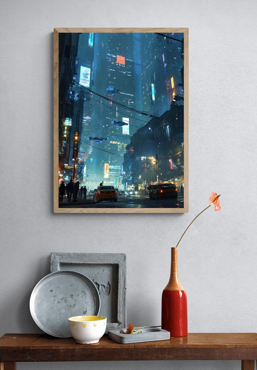 Neon Cyberpunk Cityscape Poster. — room view 3