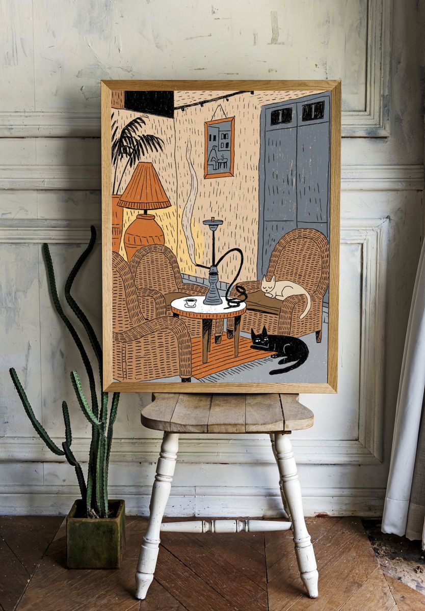 Cozy Cat Interior Illustration Poster. — room view 1