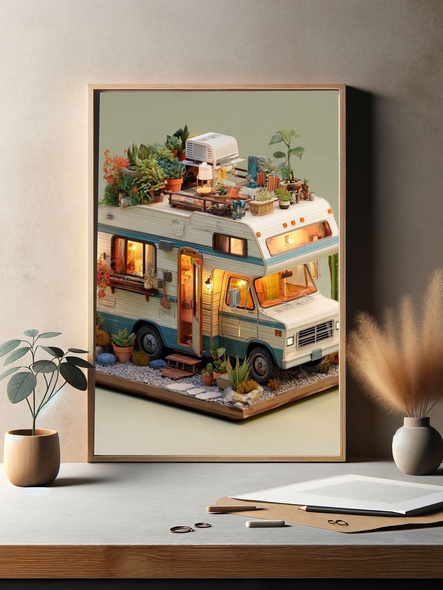 Desert Camper Oasis Illustration Poster. — room view 2