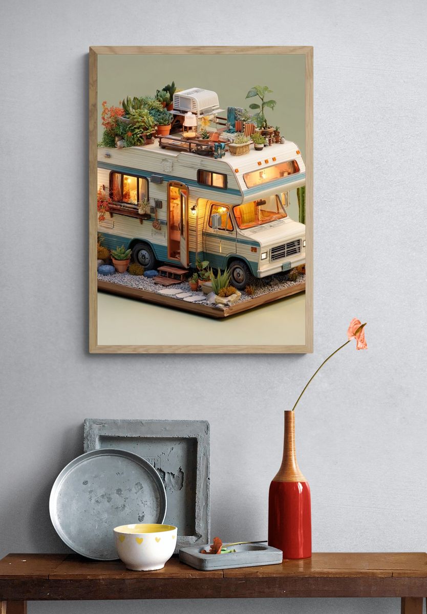 Desert Camper Oasis Illustration Poster. — room view 3