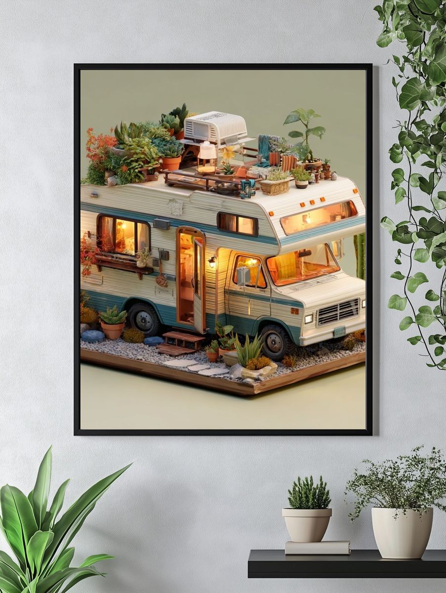Desert Camper Oasis Illustration Poster. — room view 4