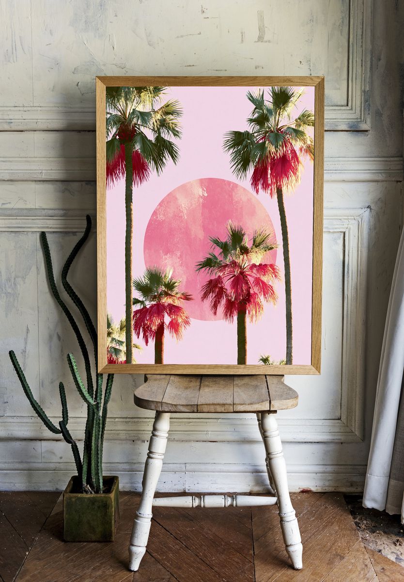 Pink Palm Sunset Illustration Poster. — room view 1
