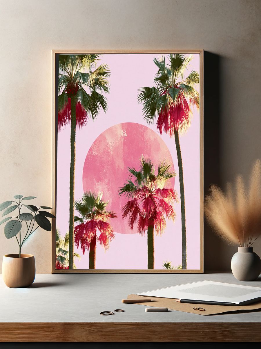 Pink Palm Sunset Illustration Poster. — room view 2