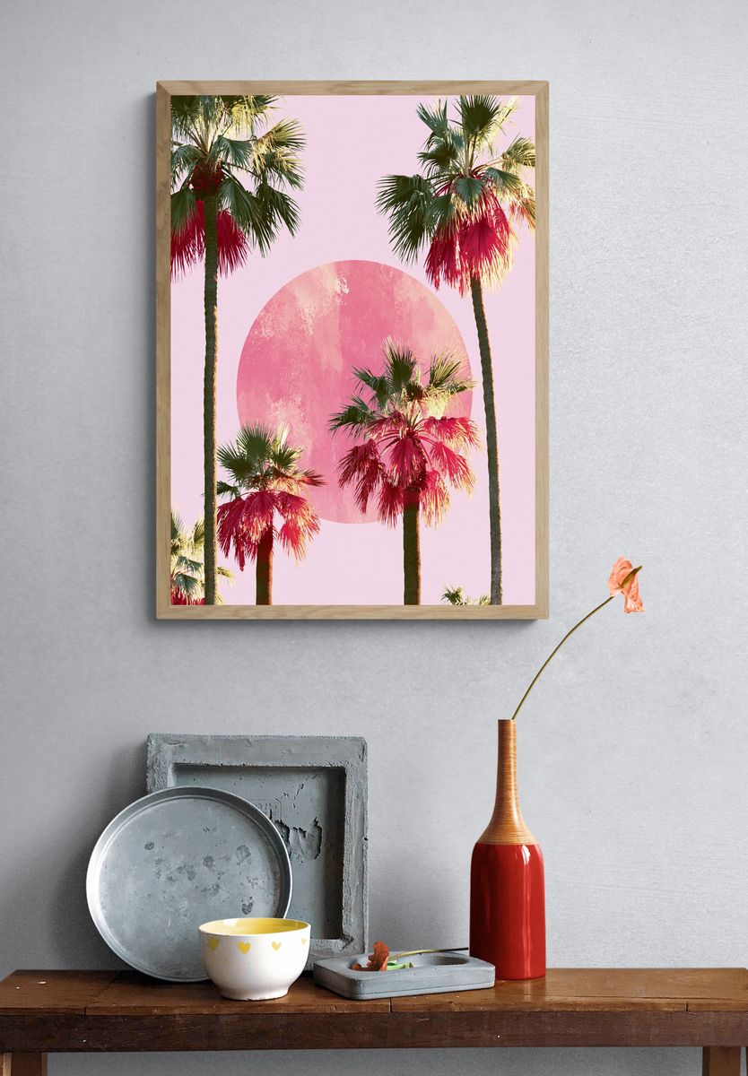 Pink Palm Sunset Illustration Poster. — room view 3