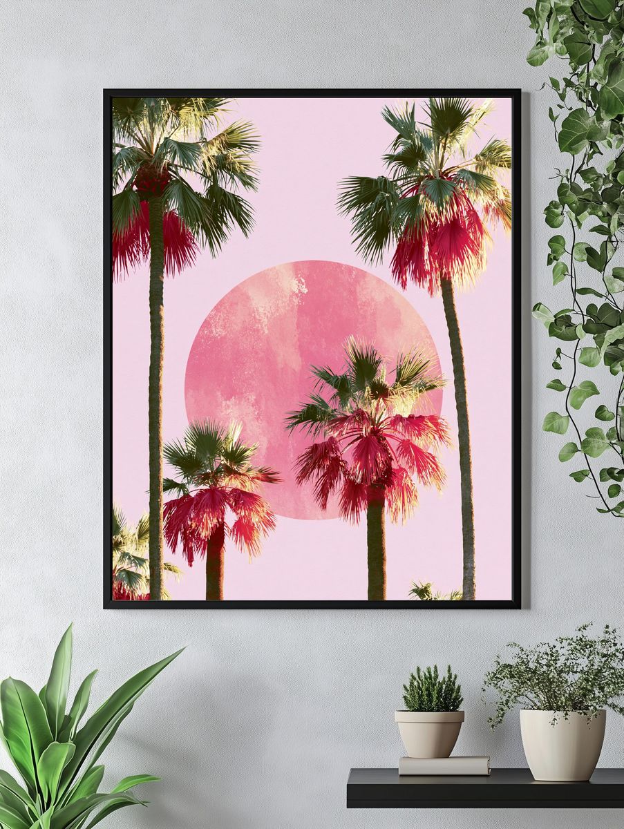Pink Palm Sunset Illustration Poster. — room view 4