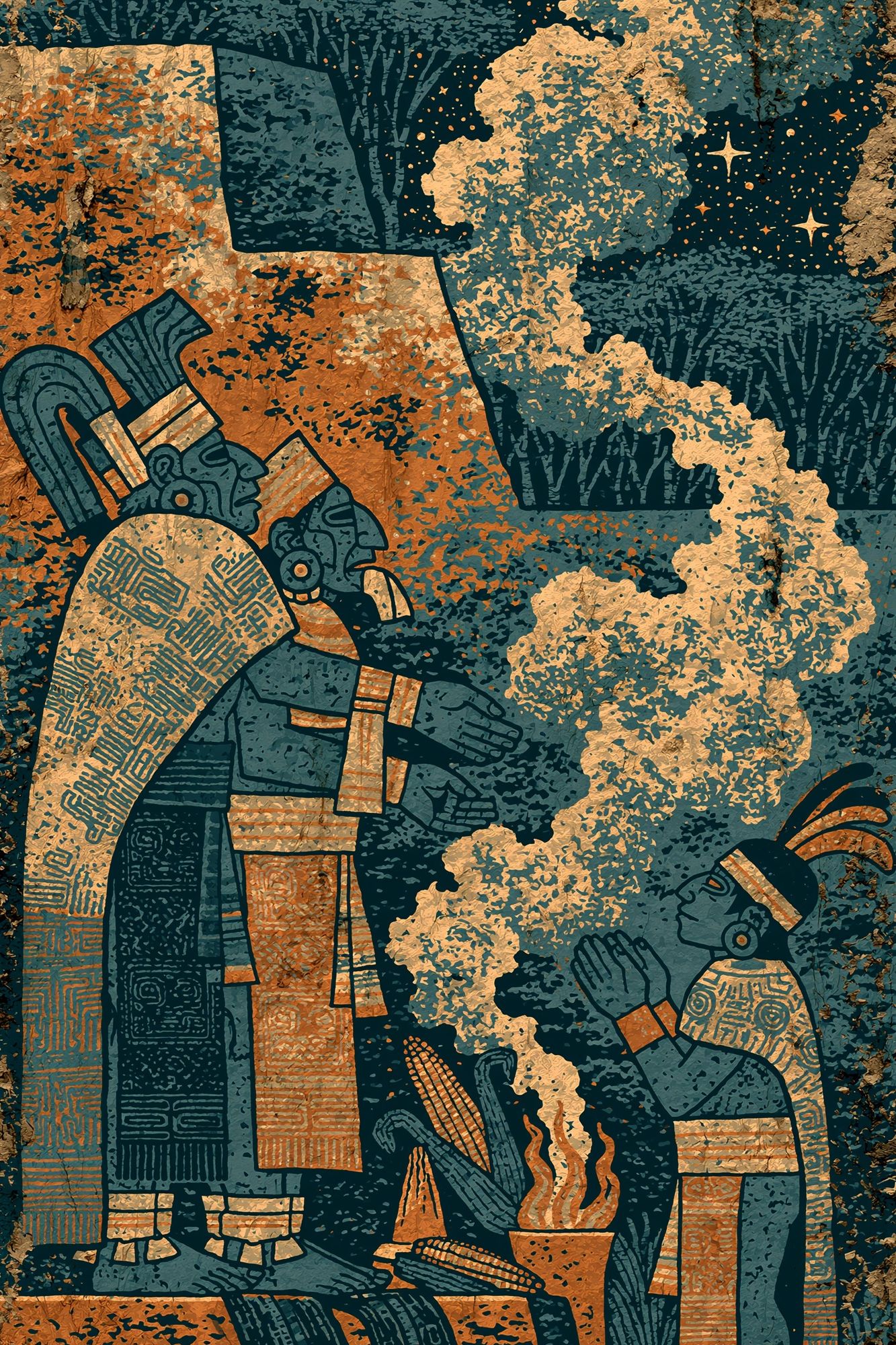 Mayan Ritual Scene Illustration Print. poster — illustration art
