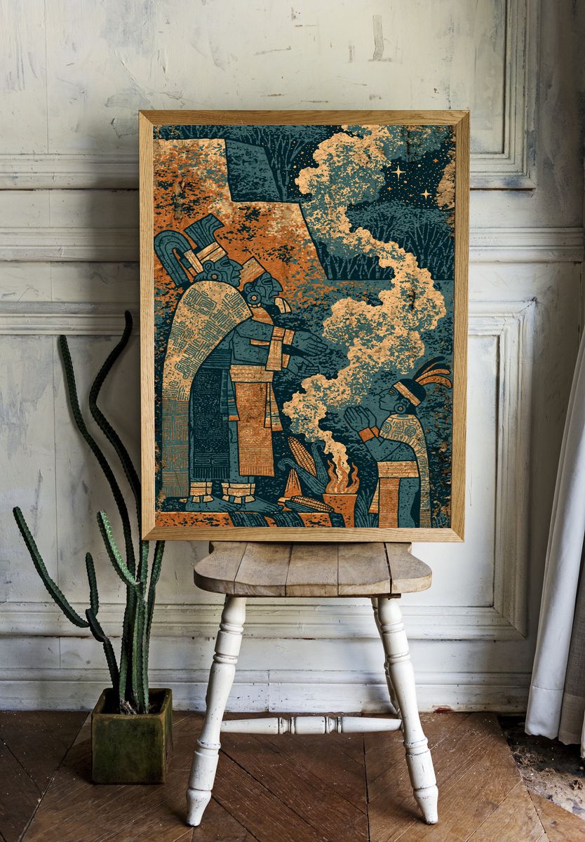Mayan Ritual Scene Illustration Print. — room view 1