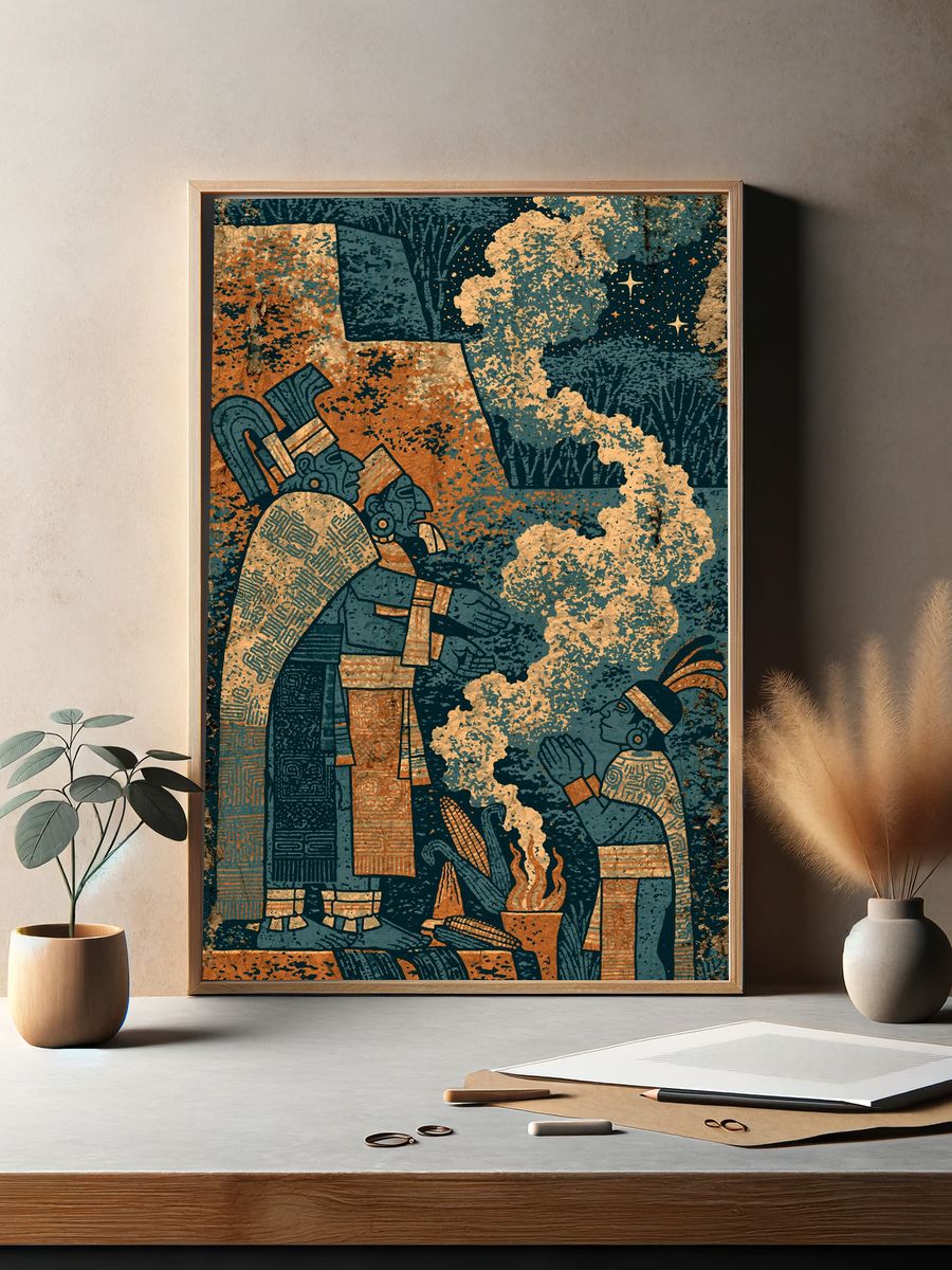 Mayan Ritual Scene Illustration Print. — room view 2