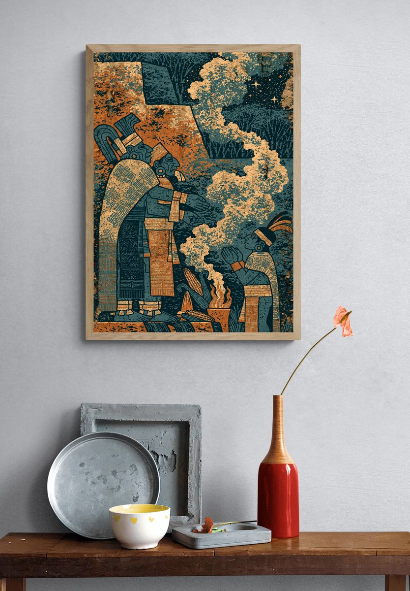 Mayan Ritual Scene Illustration Print. — room view 3