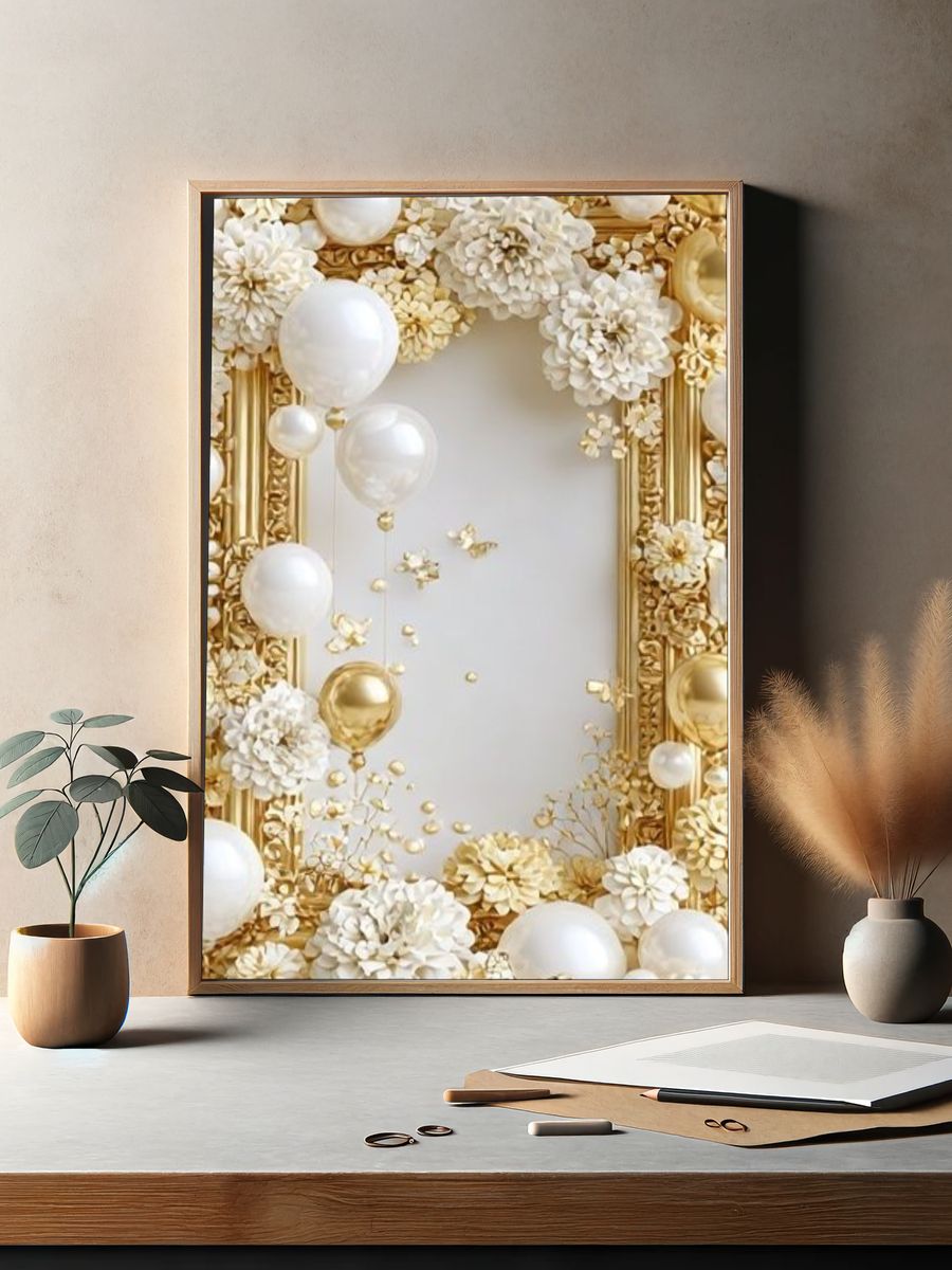 Gold Floral Balloon Frame Poster. — room view 2