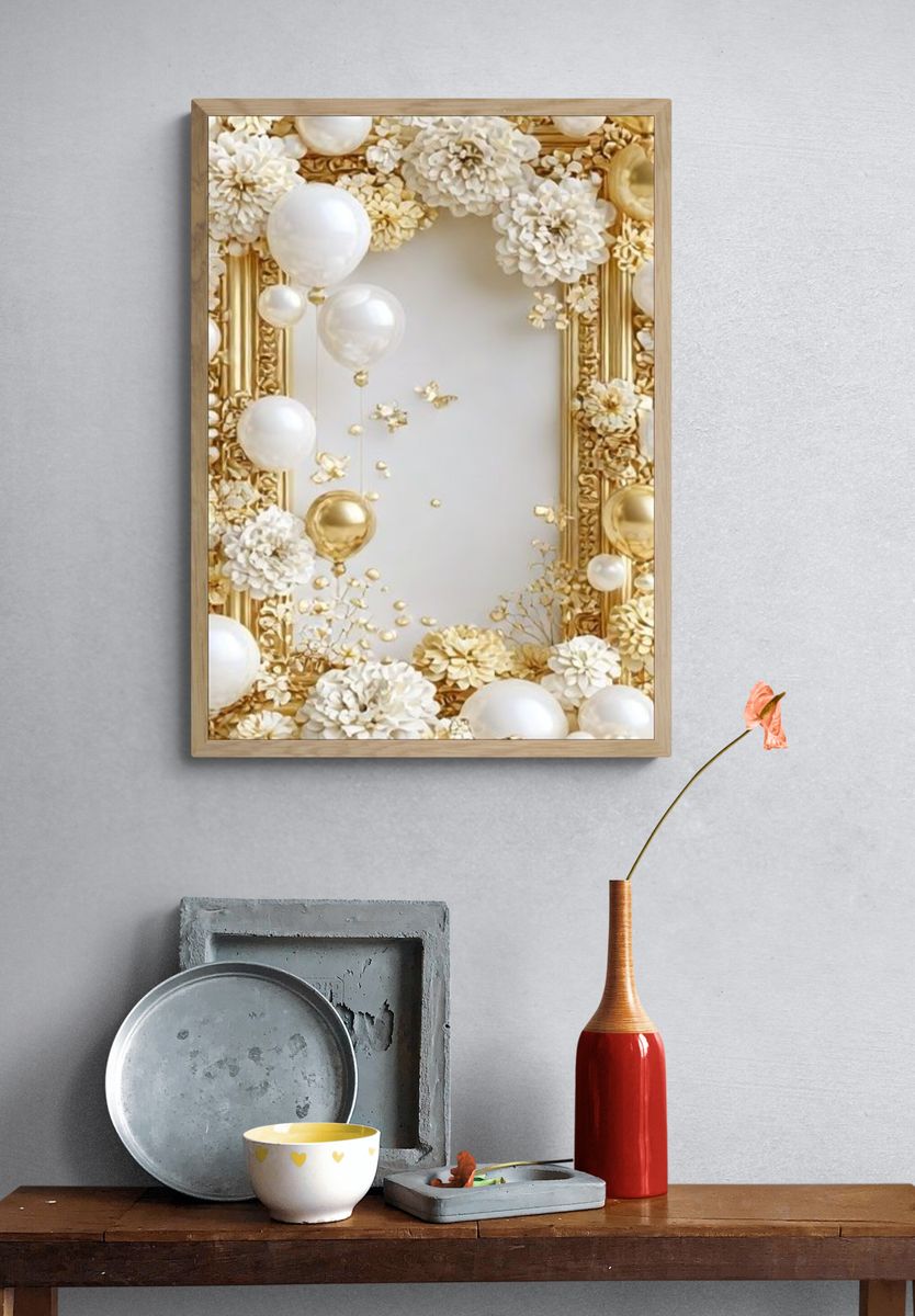 Gold Floral Balloon Frame Poster. — room view 3