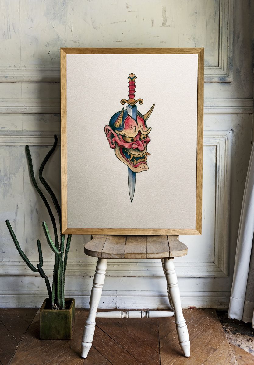 Samurai Demon Mask Illustration Poster. — room view 1